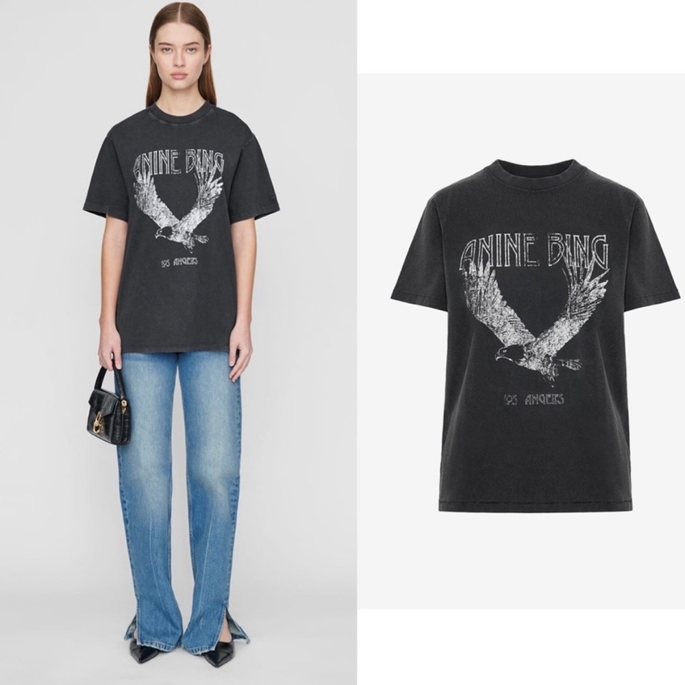 Anine Bing LiLi Bird Eagle T Shirt Medium in Washed Black